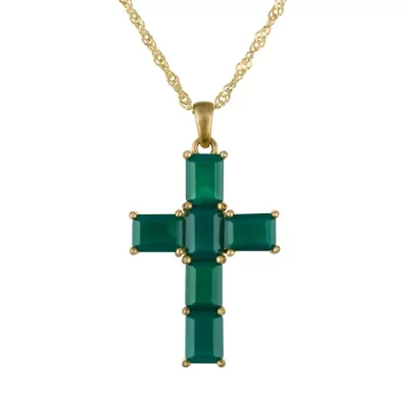 Gold Plated Sterling Silver Green Chalcedony Cross Pendant