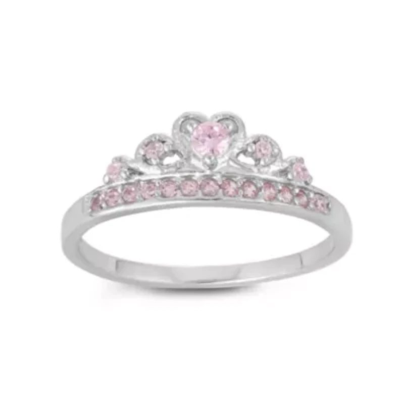 Lab Created Sterling Silver Pink Cz Tiara Kid's Ring