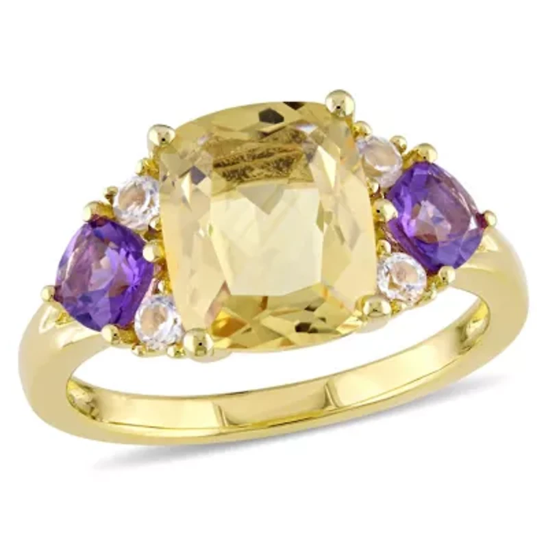 Citrine, Amethyst and White Topaz Ring Yellow Plated Sterling Silver