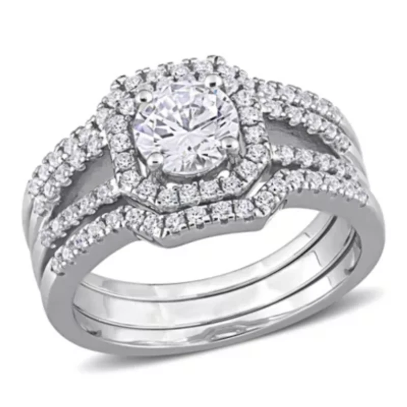 Lab Created Cubic Zirconia Halo Split Shank Bridal Ring Set Sterling Silver