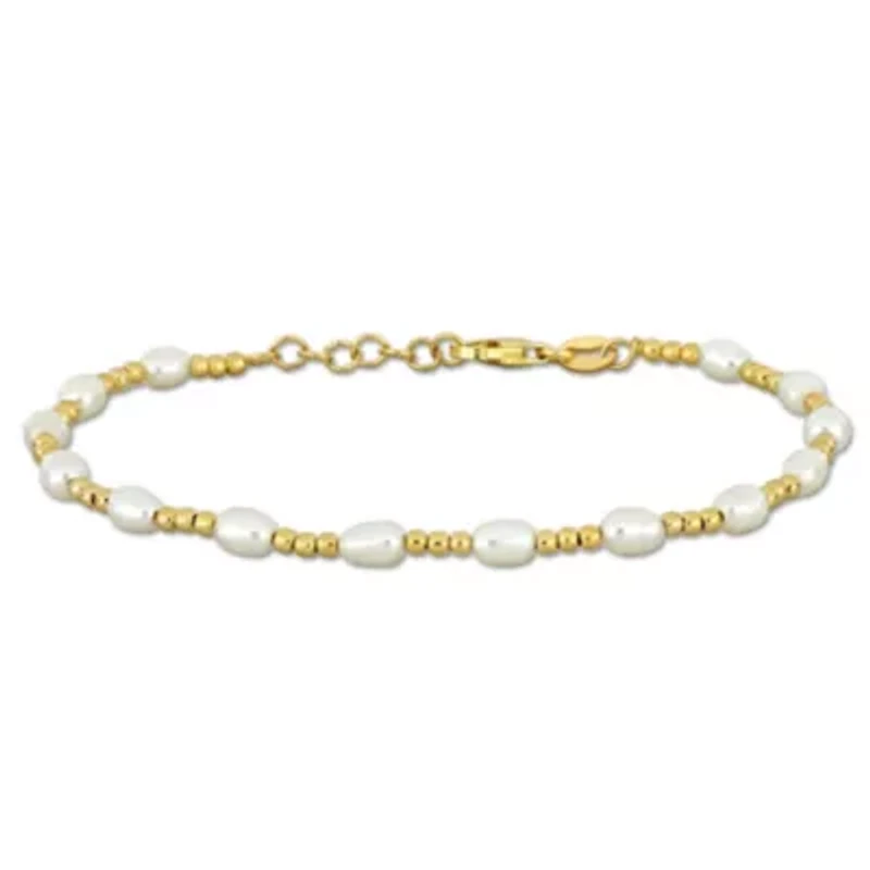 3.5-5mm Freshwater Cultured Pearl and Bead Station Bracelet in Yellow Plated Sterling Silver