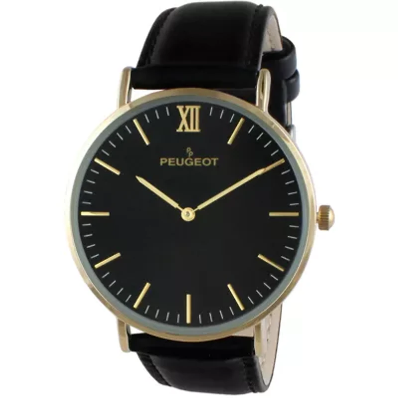Peugeot Men's 40mm Black Dial Super Slim Leather Strap Watch