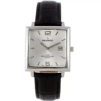 Peugeot Men's 35mm Silver Plated Square Watch with Black leather Strap
