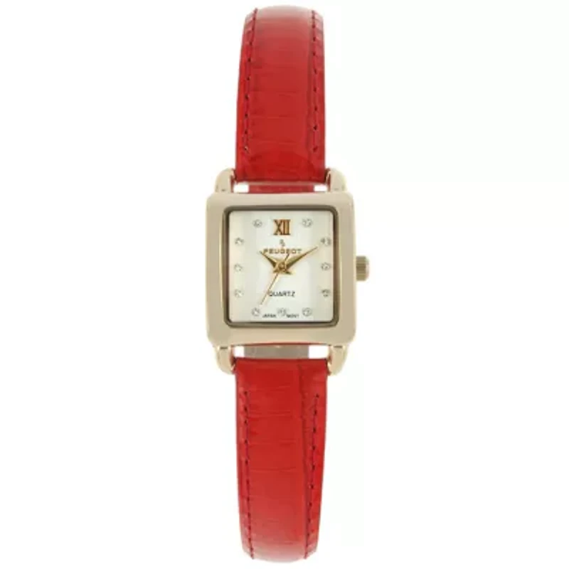 Peugeot Women's 20mm Square Watch with Glossy Red Leather Strap