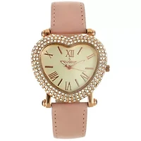 Peugeot Women's Heart Shaped Rose Gold Crystal Watch with Pink Suede Strap