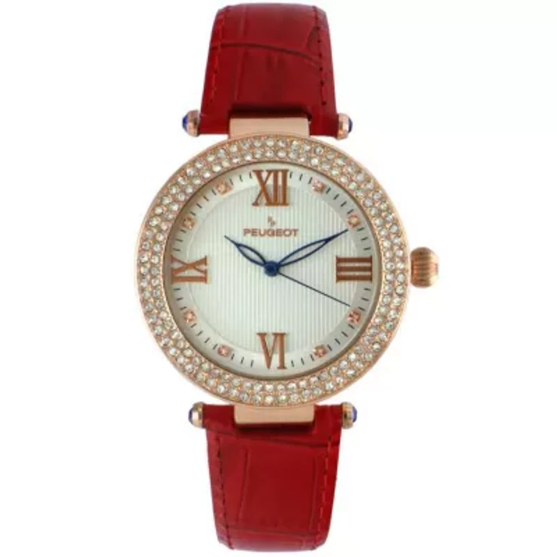 Women's 38mm Red Watch Crystal Bezel Leather Strap