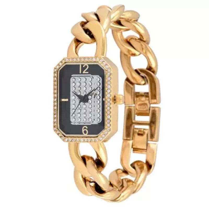 Womens 14K Gold-Plated Rectangular Link Bracelet Watch-Crystal Studded Face