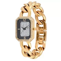 Womens 14K Gold-Plated Rectangular Link Bracelet Watch-Crystal Studded Face