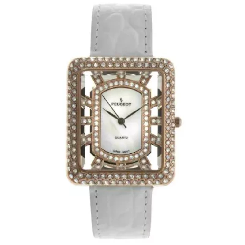 Women's Couture Crystal Gold Watch Tank shape with White Leather Strap