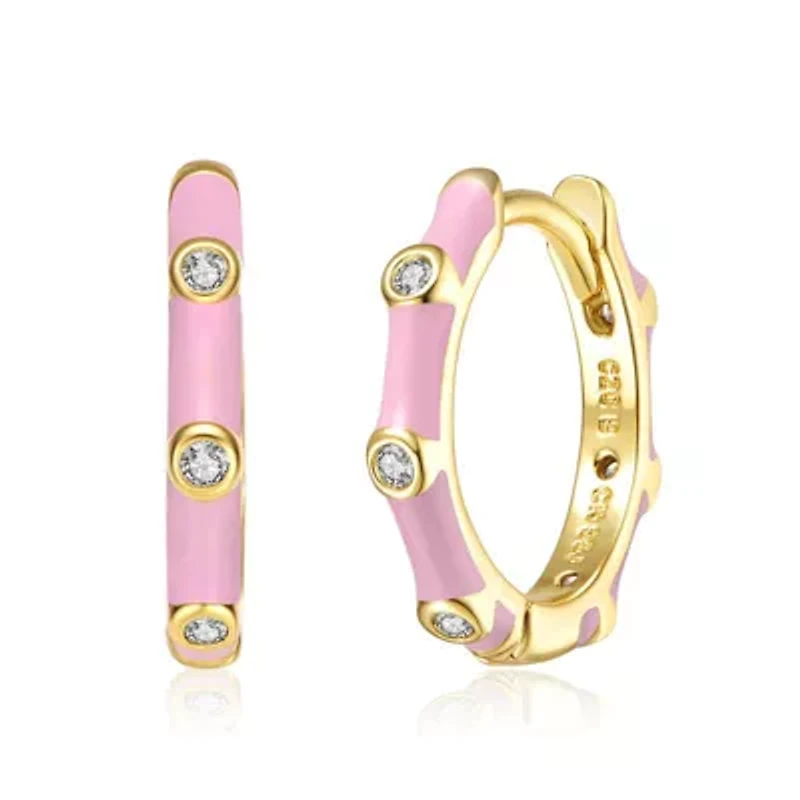 Lab Created Bamboo Hoop Earrings 14K Gold Plating with Clear Cubic Zirconia and Enamel for Adorable Baby/Kids