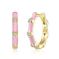 Lab Created Bamboo Hoop Earrings 14K Gold Plating with Clear Cubic Zirconia and Enamel for Adorable Baby/Kids