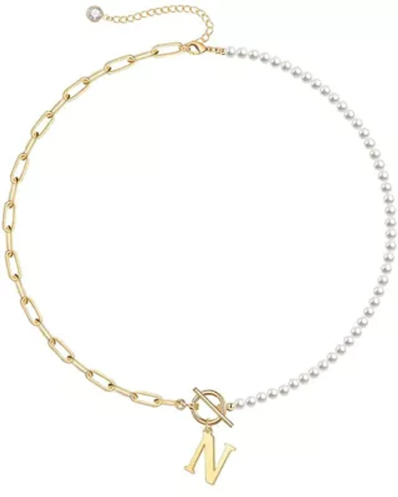 Lab Created 14K Gold Plated Initial Imitation Pearl Link Chain Necklace