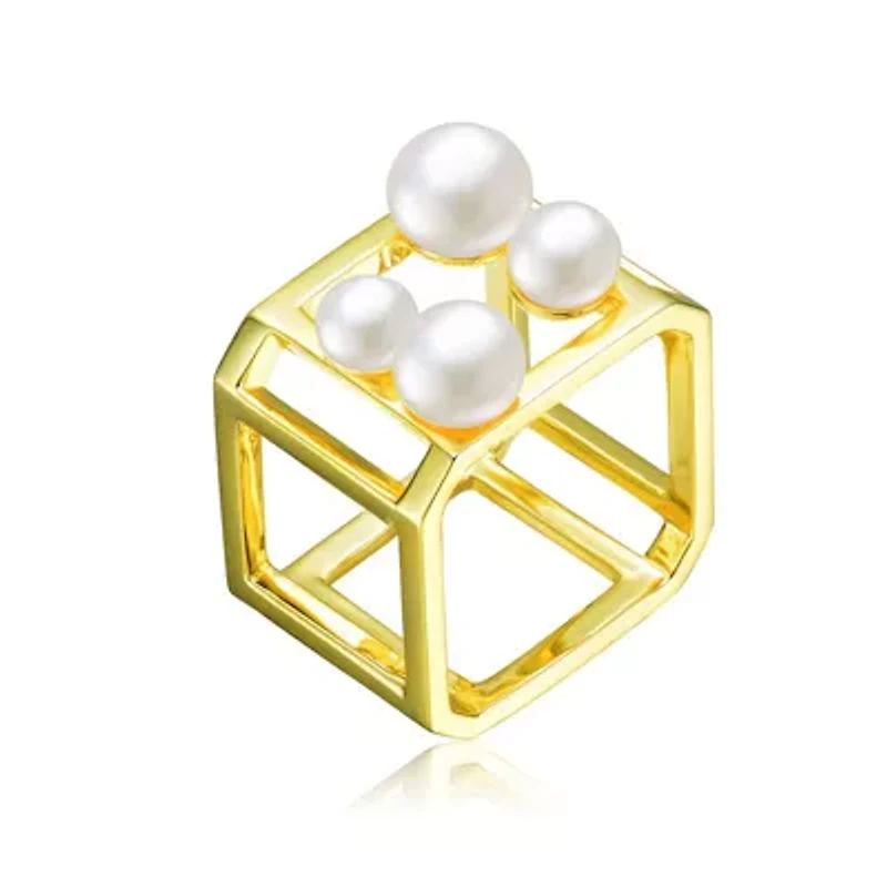 Lab Created Sterling Silver 14K Gold Plated with Genuine Freshwater Pearl Hollow Cube Geometric Ring