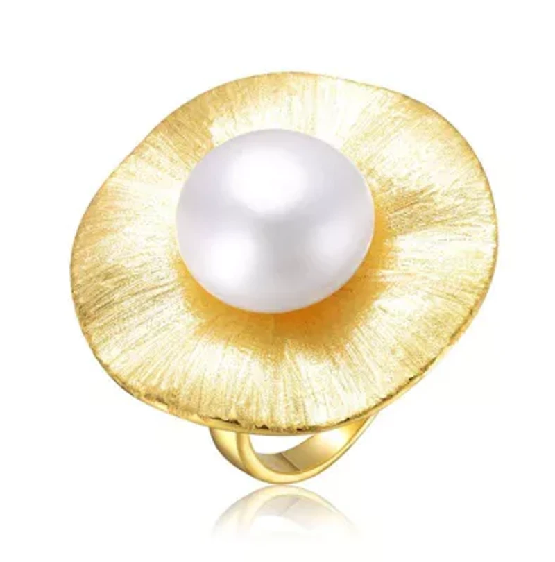 Lab Created Sterling Silver 14K Gold Plated with Genuine Freshwater Pearl Floral Ring