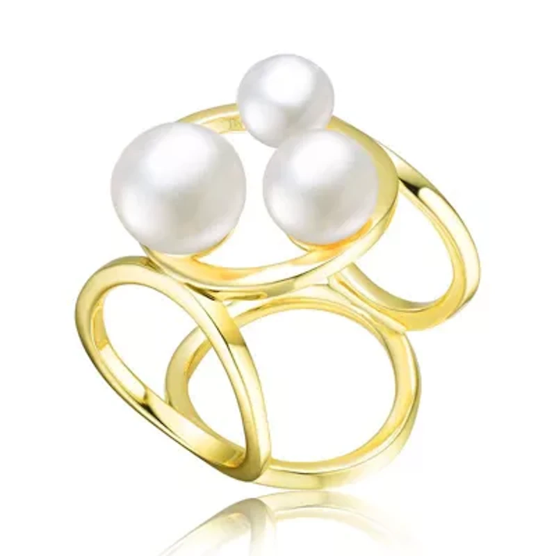 Lab Created Sterling Silver 14K Gold Plated with White Freshwater Pearls Open Design Ring