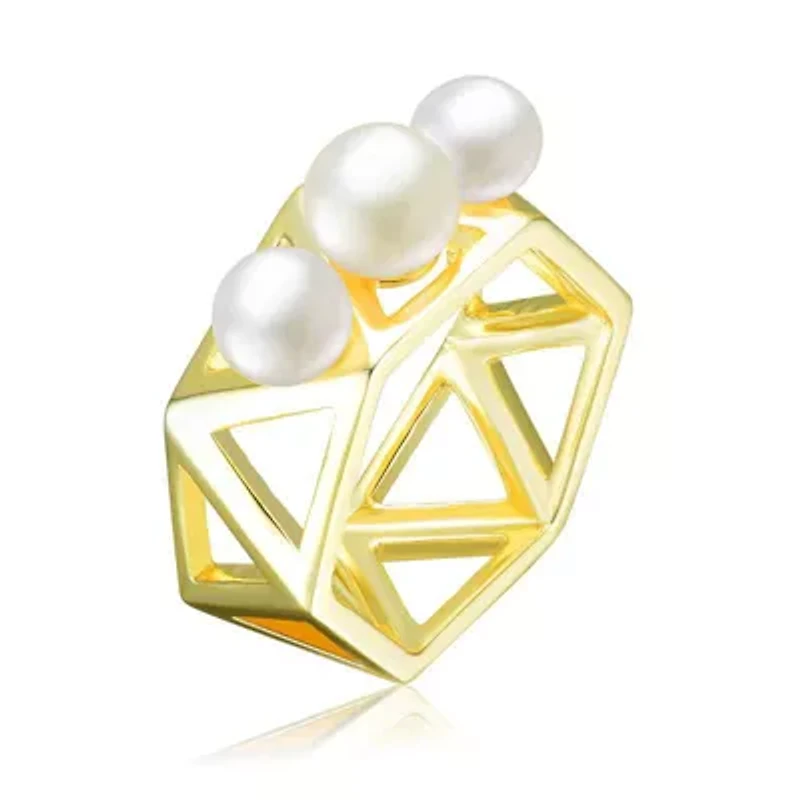 Lab Created Sterling Silver 14K Gold Plated with White 6-6.5MM Freshwater Pearls Triangles Geometric Ring