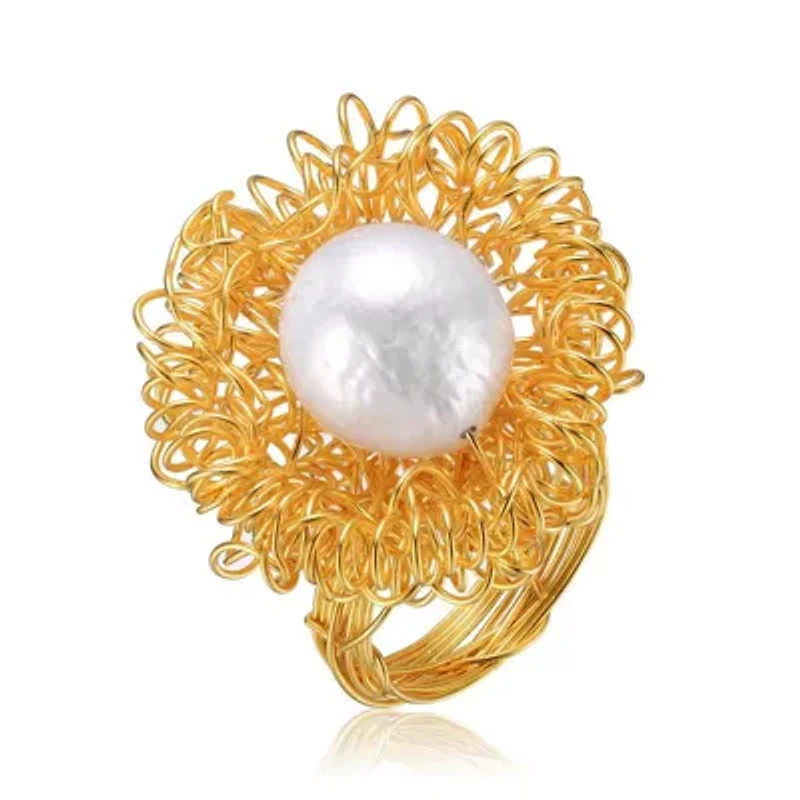 Lab Created Sterling Silver 14K Gold Plated with White 14MM Genuine Freshwater Pearl Ring