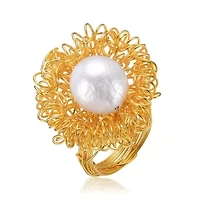 Lab Created Sterling Silver 14K Gold Plated with White 14MM Genuine Freshwater Pearl Ring