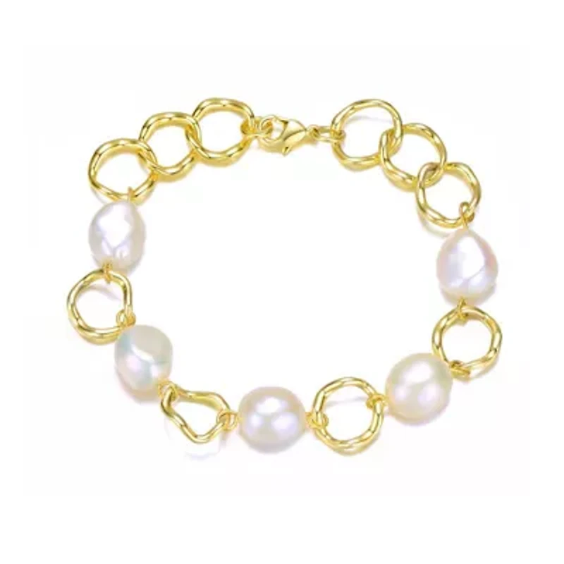 Lab Created Sterling Silver with White Genuine Freshwater Pearl Chain Bracelet