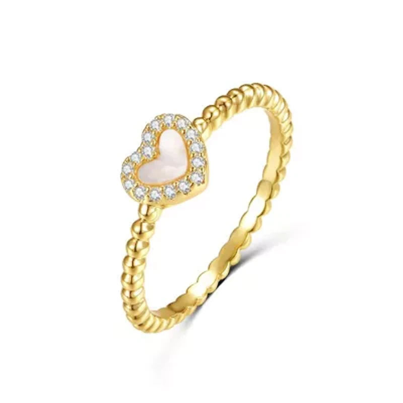 Lab Created 14K Gold Plated with Mother of Pearl & Cubic Zirconia Beaded Band Promise Stacking Ring for Kids/Teens