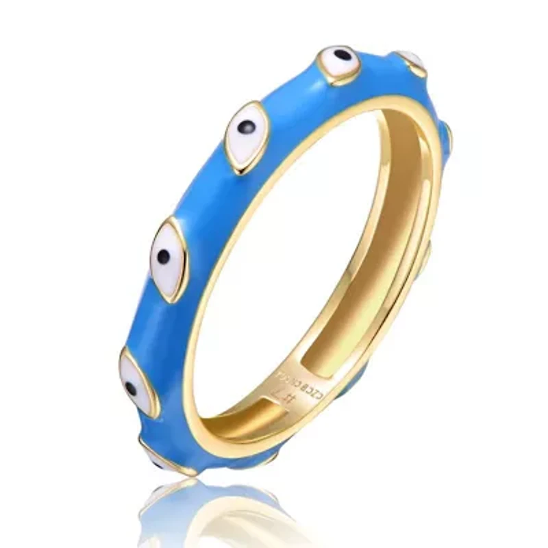 Lab Created 14K Gold Plated with Blue Bamboo White Evil Eye Enamel Slim Stacking Band Ring for Kids/Teens