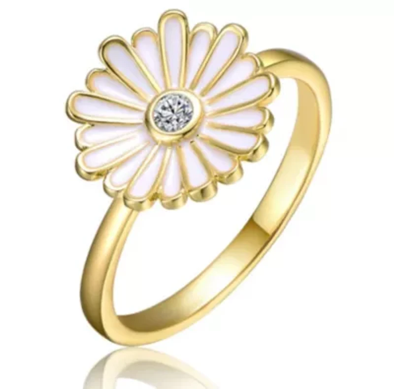 Lab Created 14K Gold Plated with Clear Cubic Zirconia & White Enamel Daisy Flower Ring for Teens