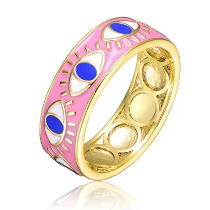 Lab Created 14K Gold Plated with Pink Enamel & Blue Eye Shaped Design Band Ring for Kids/Teens