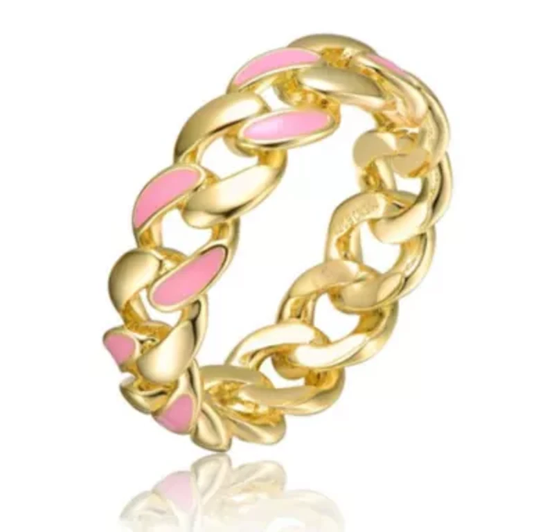 Lab Created 14K Gold Plated with Pink Enamel Inlay Chunky Stiff Chain Ring for Teens