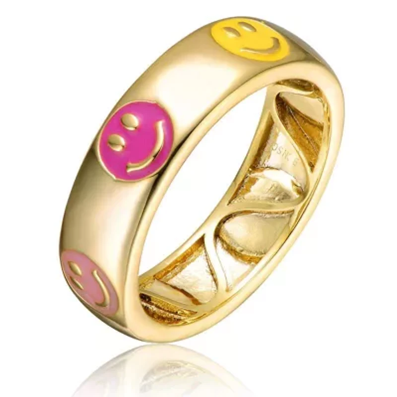 Lab Created 14K Gold Plated with Yellow & Pink Enamel Emoji Smiling Face Stacking Band for Kids/Teens