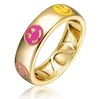 Lab Created 14K Gold Plated with Yellow & Pink Enamel Emoji Smiling Face Stacking Band for Kids/Teens
