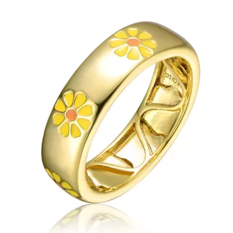 Lab Created 14K Gold Plated with Yellow & Orange Enamel Daisy Stacking Band Ring for Kids/Teens