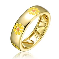 Lab Created 14K Gold Plated with Yellow & Orange Enamel Daisy Stacking Band Ring for Kids/Teens