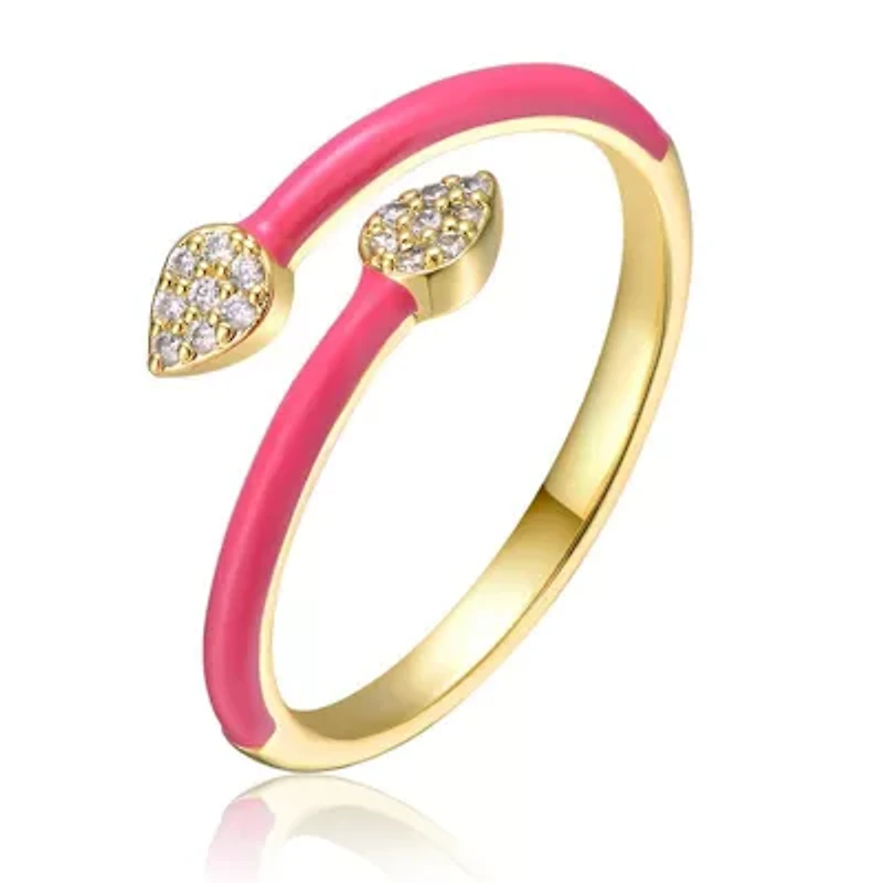 Lab Created 14K Gold Plated with Clear Cubic Zirconia Bypass Magenta Pink Enamel Stacking Ring for Kids/Teens