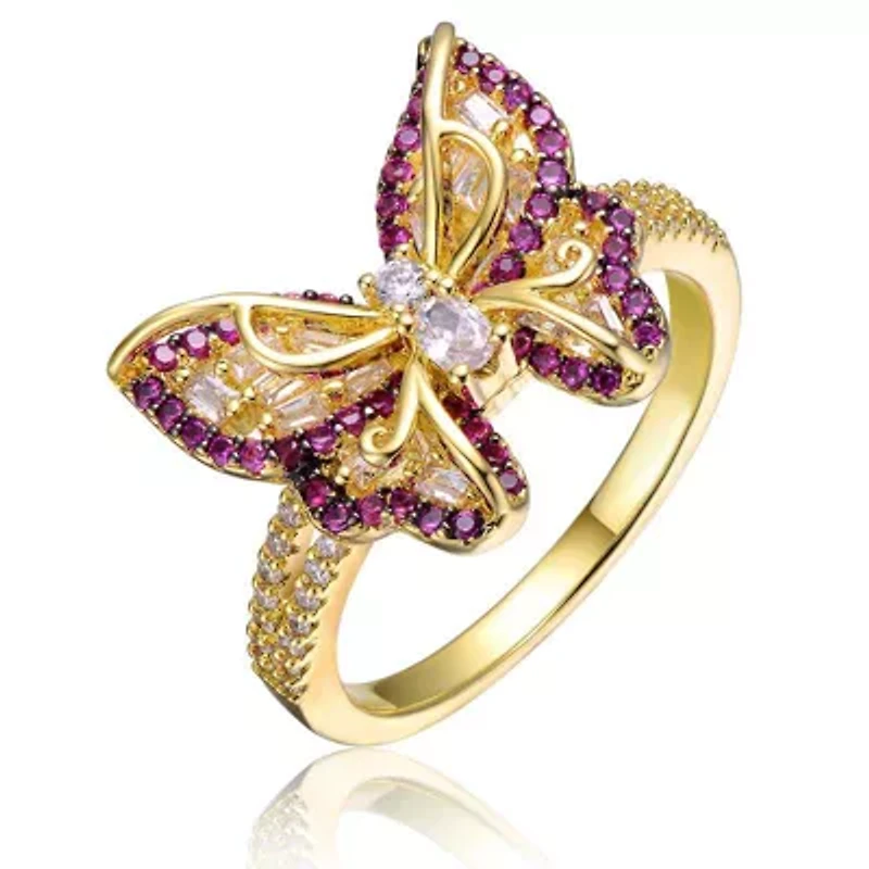 Lab Created 14K Gold Plated with Ruby Red Cubic Zirconia Butterfly Split Top Ring for Kids/Teens