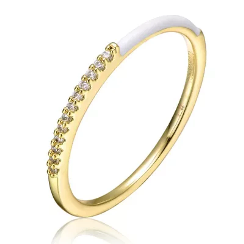 Lab Created 14K Gold Plated with Clear Cubic Zirconia White Enamel Half & Slim Stacking Ring for Kids