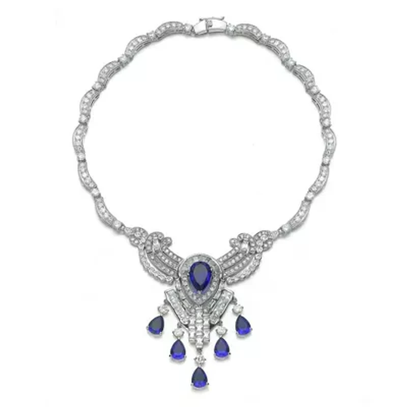 Lab Created Sterling Silver White Gold Plated with Colored Cubic Zirconia Teardrop Accent Necklace