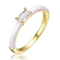 Lab Created 14K Gold Plated with Clear Baguette Cubic Zirconia & White Enamel Slim Stacking Ring for Teens