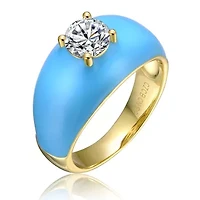 Lab Created 14K Gold Plated with Clear Cubic Zirconia Blue Enamel Dome Ring for Teens