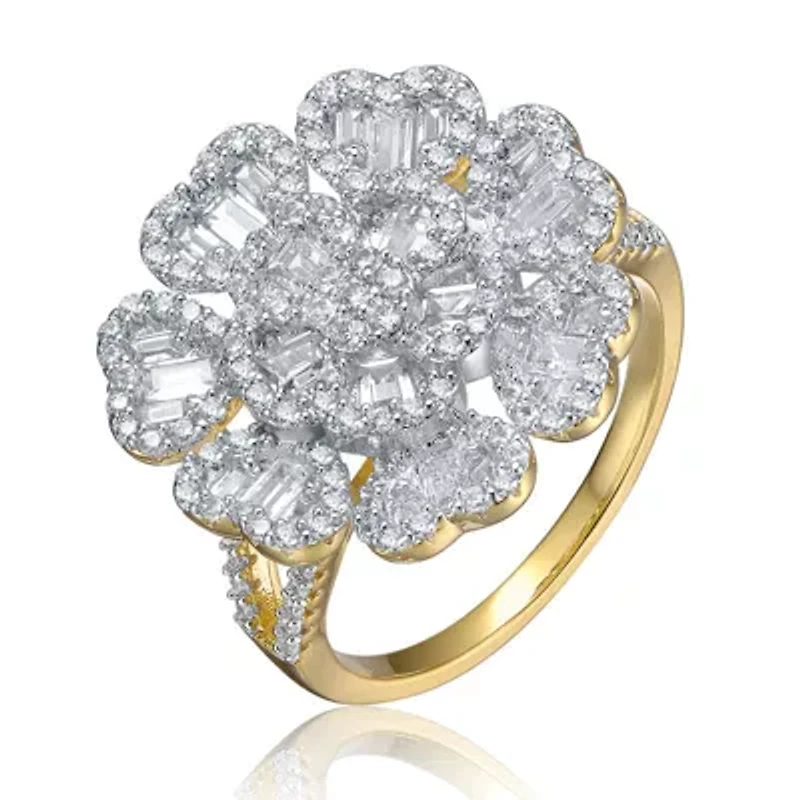 Lab Created Rozzato Sterling Silver 14K Gold Plated with Cubic Zirconia Cluster Heart Petal Flower Ring