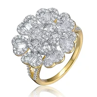 Lab Created Rozzato Sterling Silver 14K Gold Plated with Cubic Zirconia Cluster Heart Petal Flower Ring