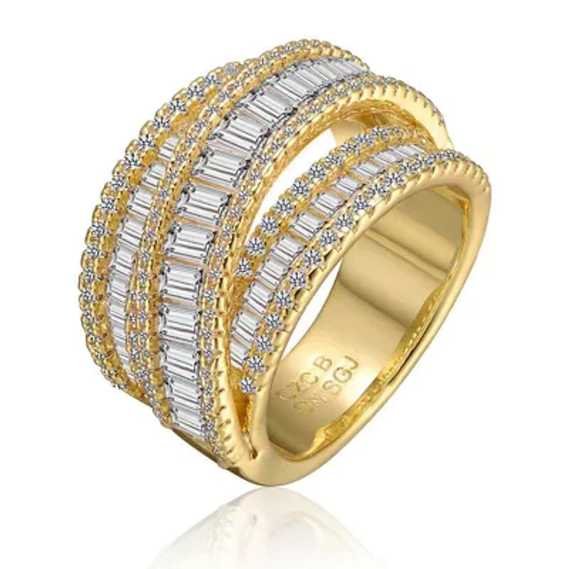 Lab Created Rozzato Sterling Silver White Gold Plated with Cubic Zirconia Crossover Channel Ring