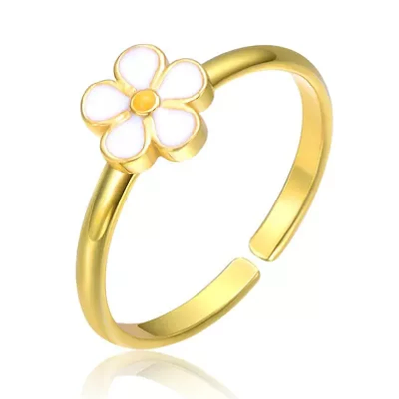 Rozzato Sterling Silver 14K Gold Plated with Pink Enamel Flower Daisy Adjustable Ring for Kids