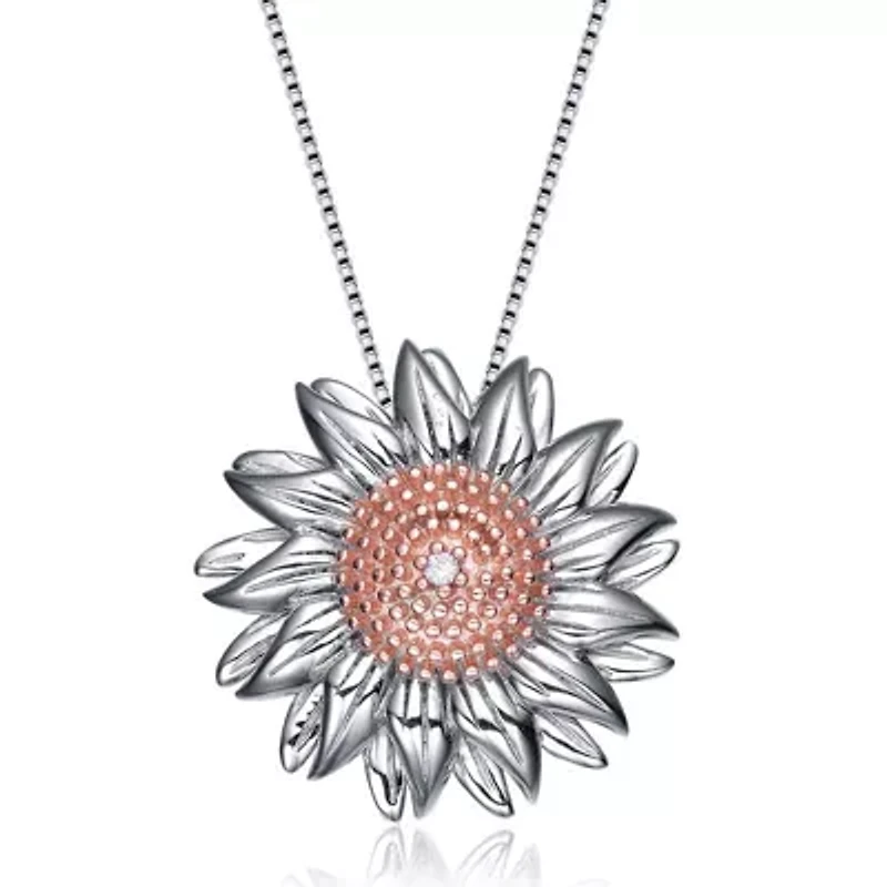 Lab Created Rozzato Sterling Silver Two Tone with Clear Cubic Zirconia Flower Shaped Pendant Necklace