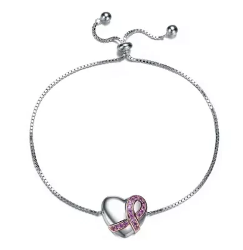 Lab Created Teens/Young Adults White Gold Plated with infinity Ribbon on Heart Adjustable Bracelet
