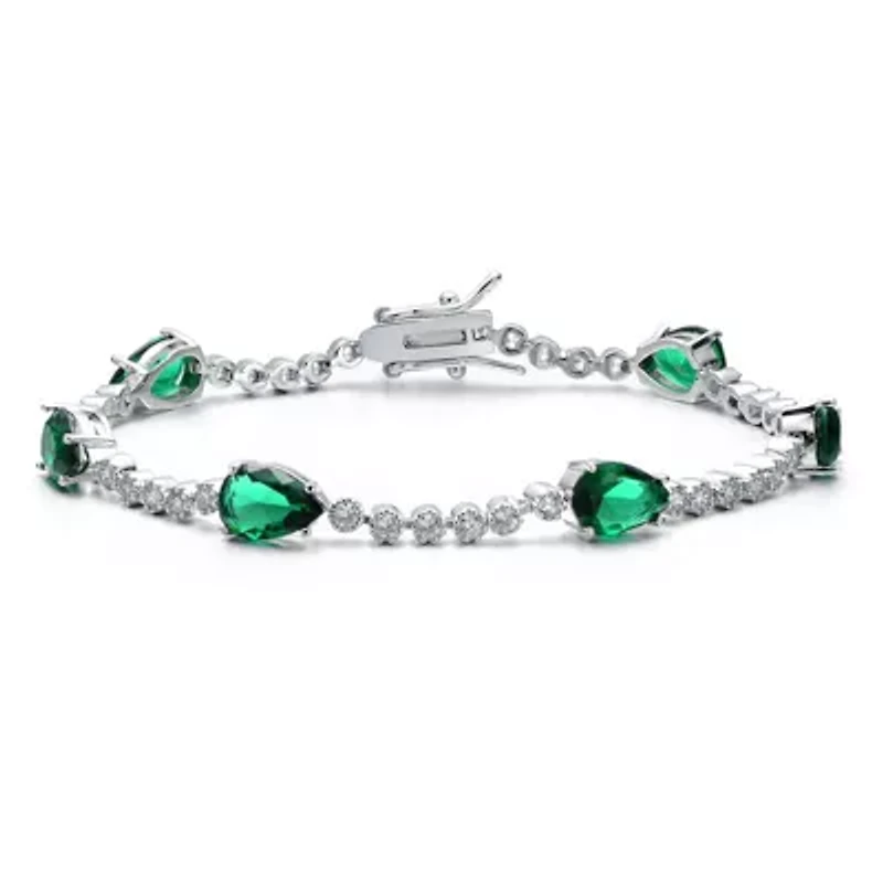 Lab Created White Gold Plated with Emerald Green Pear Shaped Cubic Zirconia Tennis Bracelet