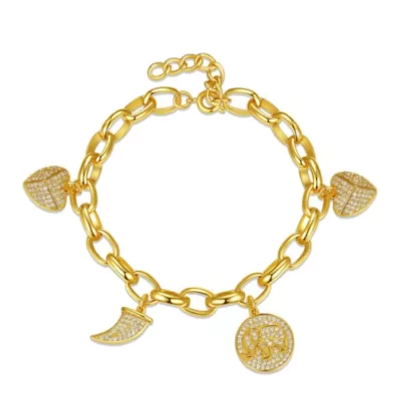 Lab Created Kids/Young Teens 14k Yellow Gold Plated with Cubic Zirconia Tusk, Elephant & Heart Dangle Charm Adjustable Bracelet