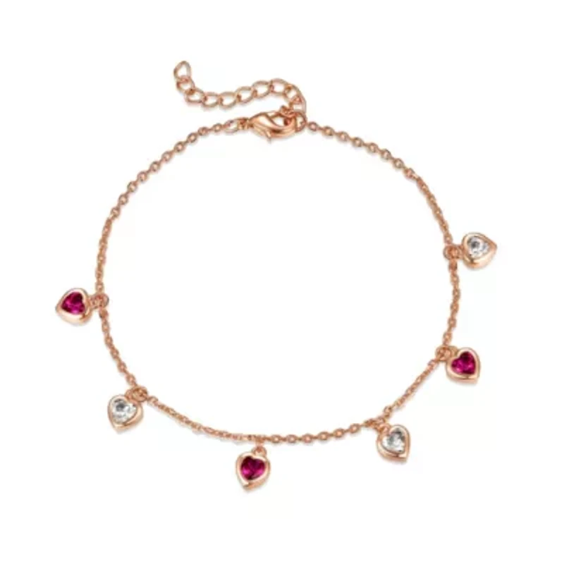 Lab Created 18k Rose Gold Plated with Red & White Cubic Zirconia stones Heart Dangle Charm Adjustable Bracelet