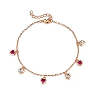 Lab Created 18k Rose Gold Plated with Red & White Cubic Zirconia stones Heart Dangle Charm Adjustable Bracelet