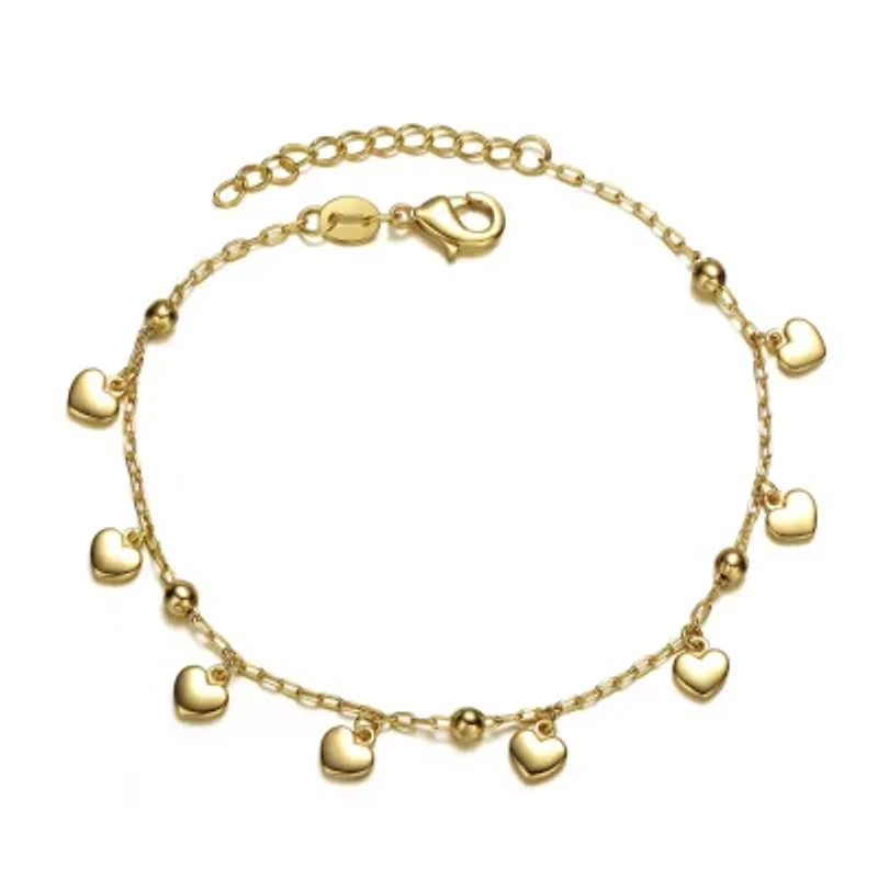 Lab Created 14k Yellow Gold Plated Beaded Heart Charm Station Bracelet - Adjustable w/ Extension Chain