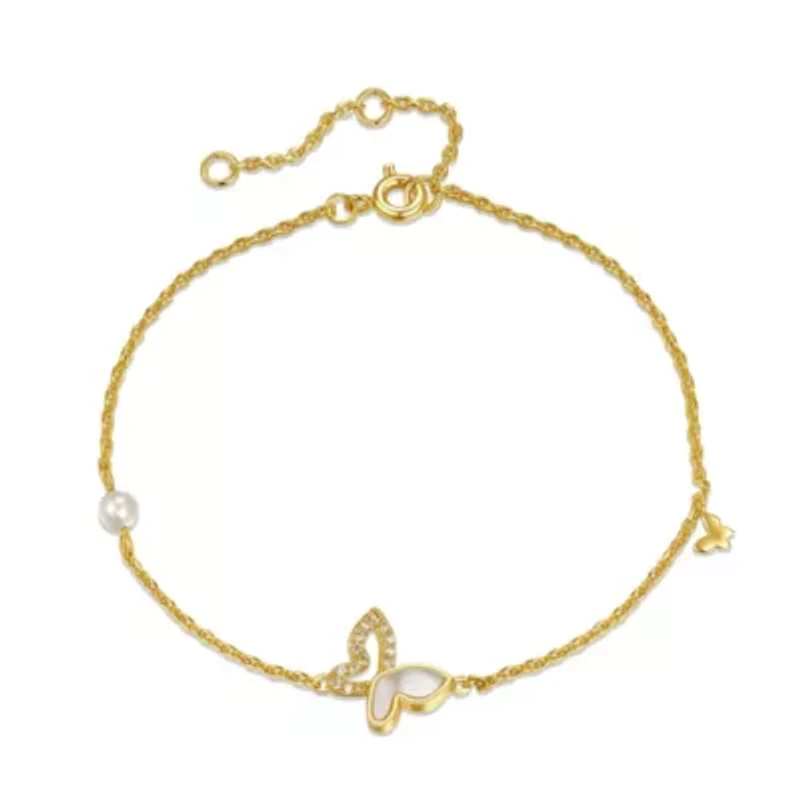 Lab Created 14k Yellow Gold Plated with Mother of Pearl and Cubic Zirconia Butterfly Charm Rope Bracelet with Adjustable Extension Chain